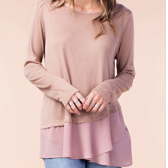 Tops - CHIFFON BOTTOM Contrast Long Sleeve Top Mocha